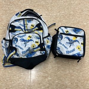 Pottery Barn Kids Backpack and lunch box. Monogrammed with ‘Nolan’. Batman theme